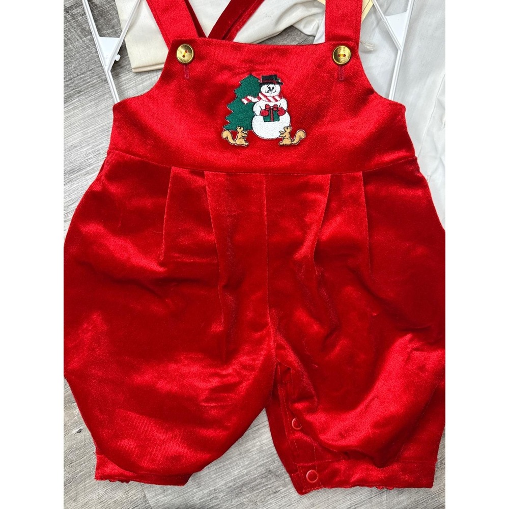 Good Lad Toddler Christmas Snowman Tree Velvet Red Overalls‎ Set 12m Vintage